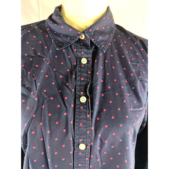 Talbots Women's Shirt Size 12 Roll Tab Cotton Navy Blue Red Polka Dot - Picture 7 of 10